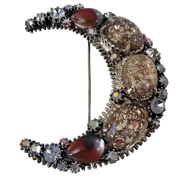 Silver Tone Pink Givre, Foil Glass Cabochon Crescent Moon Brooch K535